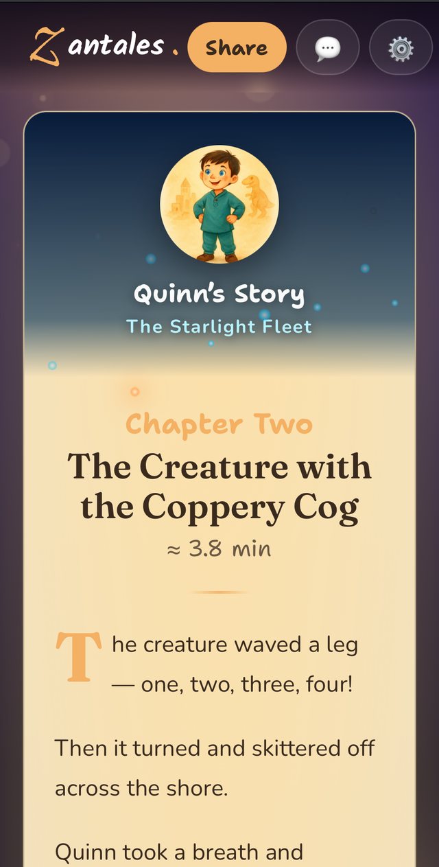 A real Zantales chapter on a phone — Quinn's Story in The Starlight Fleet